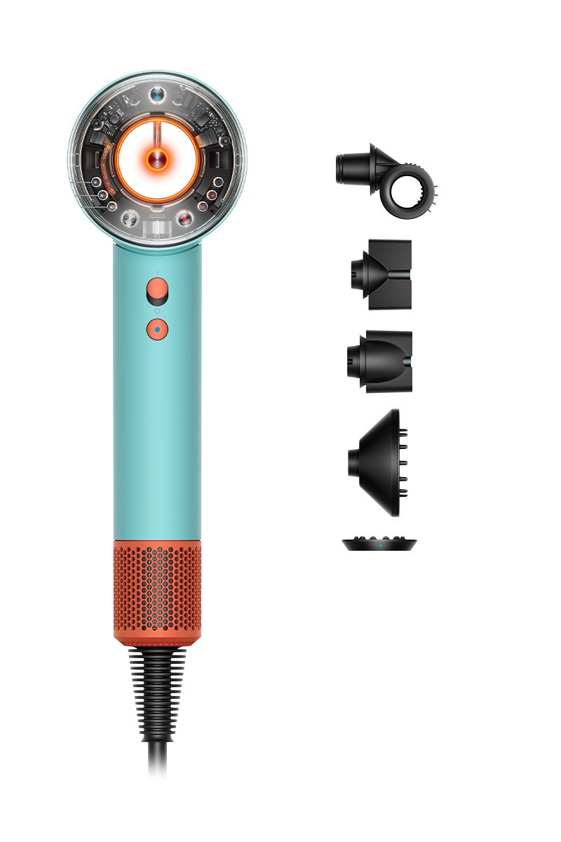 An upright turquoise hair dryer with an orange grip, showing its glowing internal heating mechanism, along with a set of various black attachments for styling, displayed in a vertical arrangement beside it.