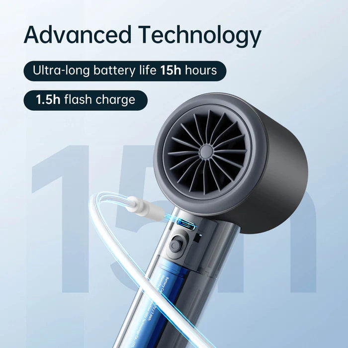 Jisulife handheld fan featuring advanced technology, offering 15-hour battery life with a 1.5-hour flash charge capability.