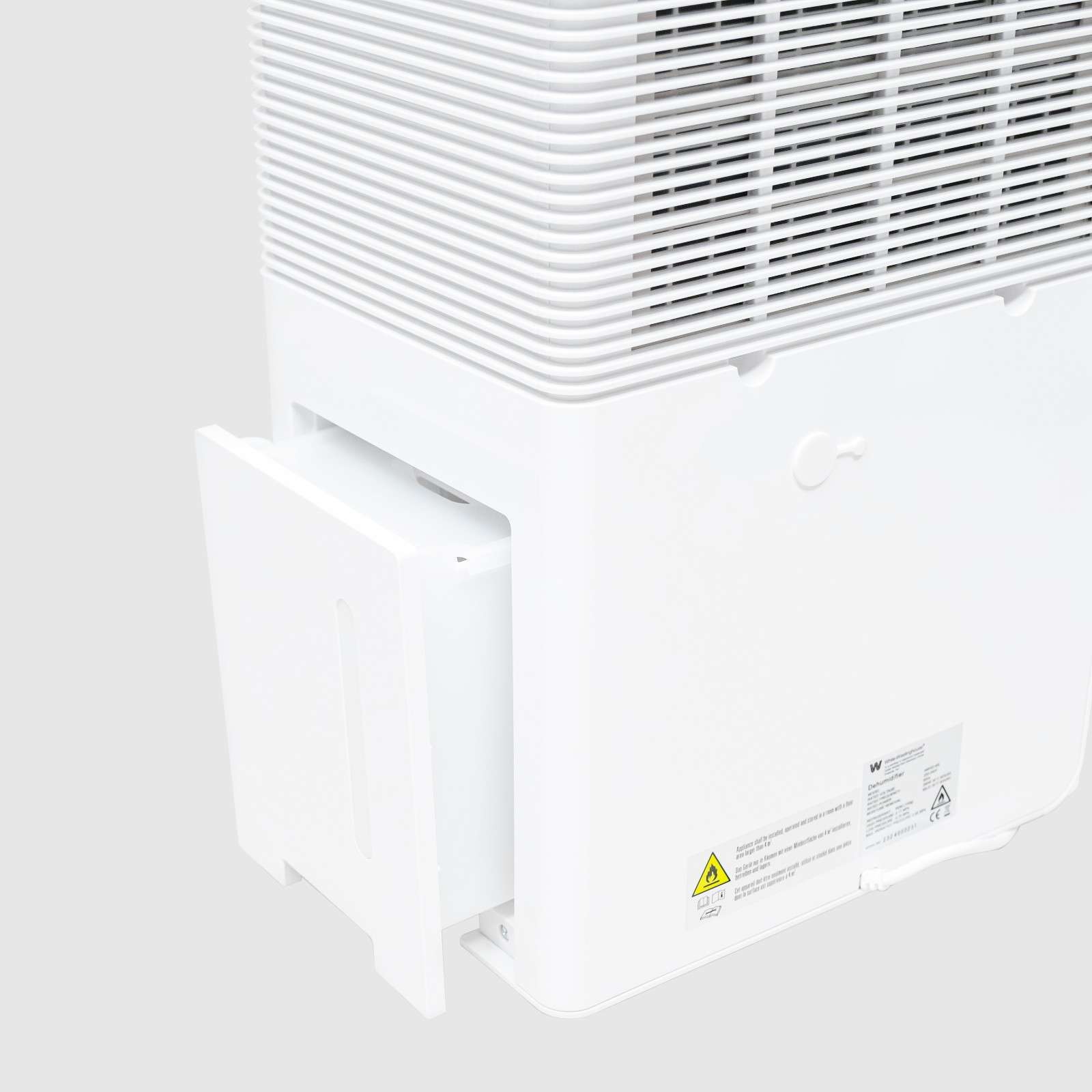 Close-up view of the White Westinghouse Dehumidifier AWHD50L with the water tank partially removed, showcasing the back air vent and water tank compartment. The sleek white design is suitable for maintaining optimal humidity levels in residential and commercial spaces.