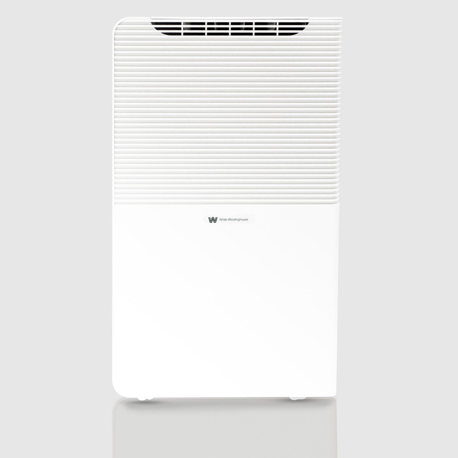 Front view of the White Westinghouse Dehumidifier AWHD50L, showcasing the sleek white design with top air vents. The unit's modern and compact design is ideal for maintaining optimal humidity levels in residential and commercial spaces.
