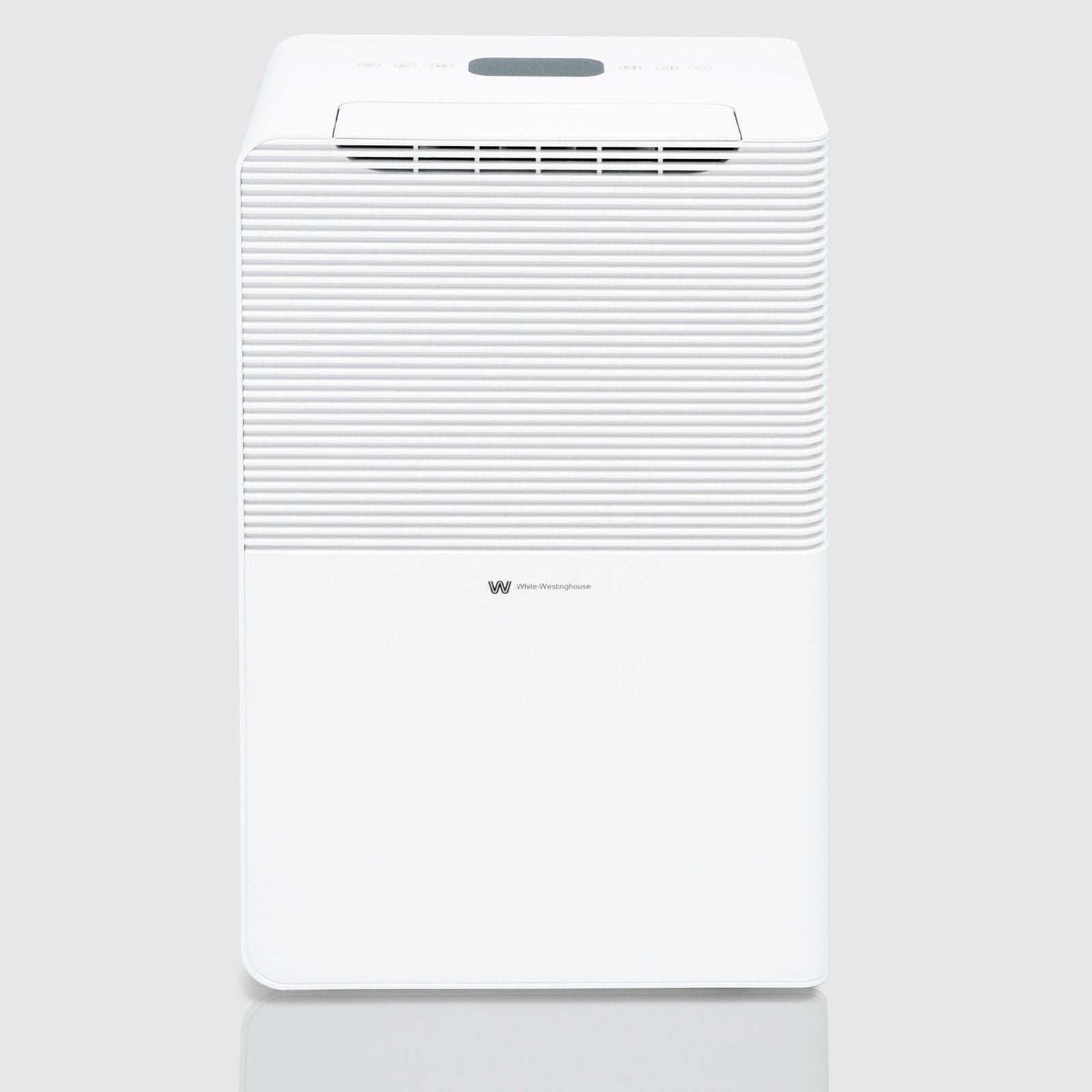 Front view of the White Westinghouse Dehumidifier AWHD50L, showcasing the sleek white design with top air vents and a digital control panel. The unit's modern and compact design is ideal for maintaining optimal humidity levels in residential and commercial spaces.