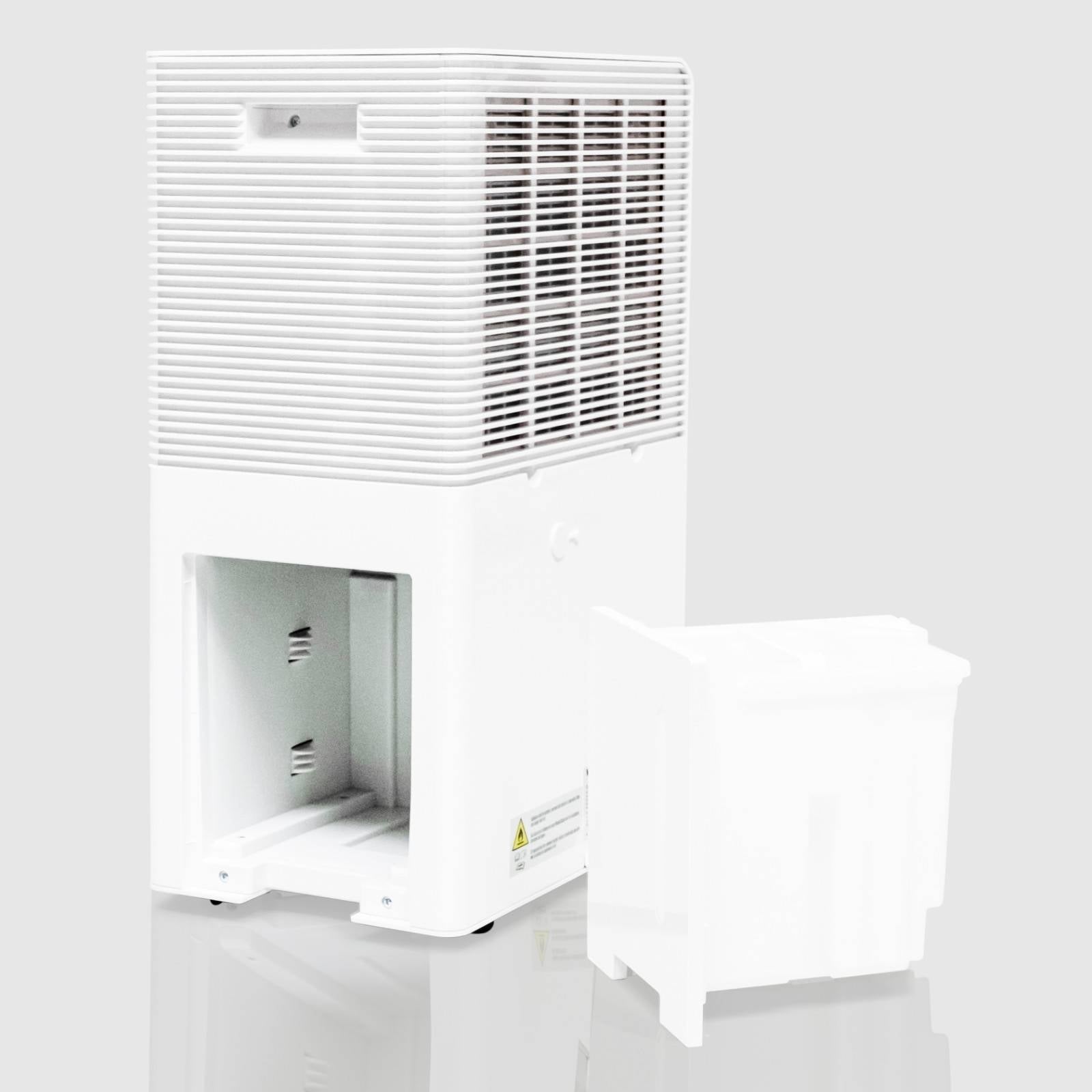 Rear angled view of the White Westinghouse Dehumidifier AWHD50L with the water tank removed, showcasing the back air vent and water tank compartment. The sleek white design is suitable for maintaining optimal humidity levels in residential and commercial spaces.