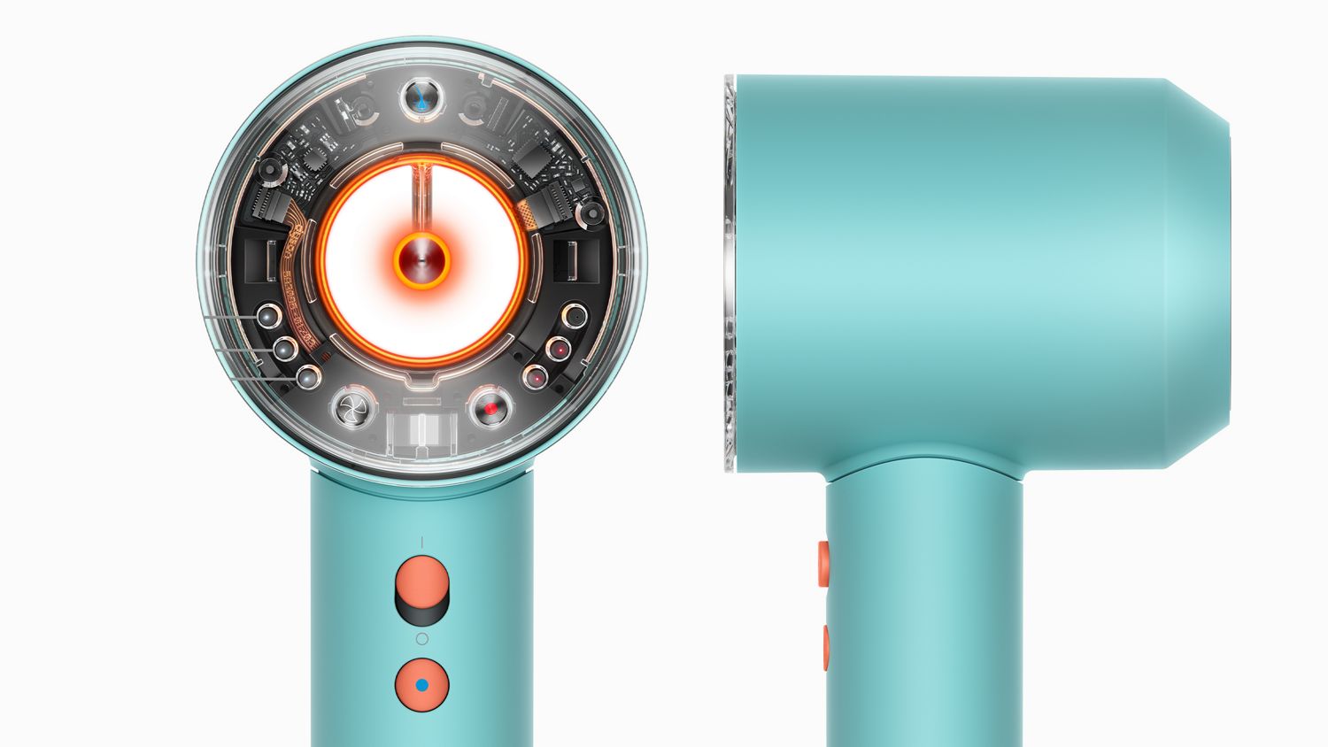 A close-up of a turquoise hair dryer showing both the front with its exposed internal heating mechanism glowing orange and a side profile, highlighting the modern design and bold buttons.