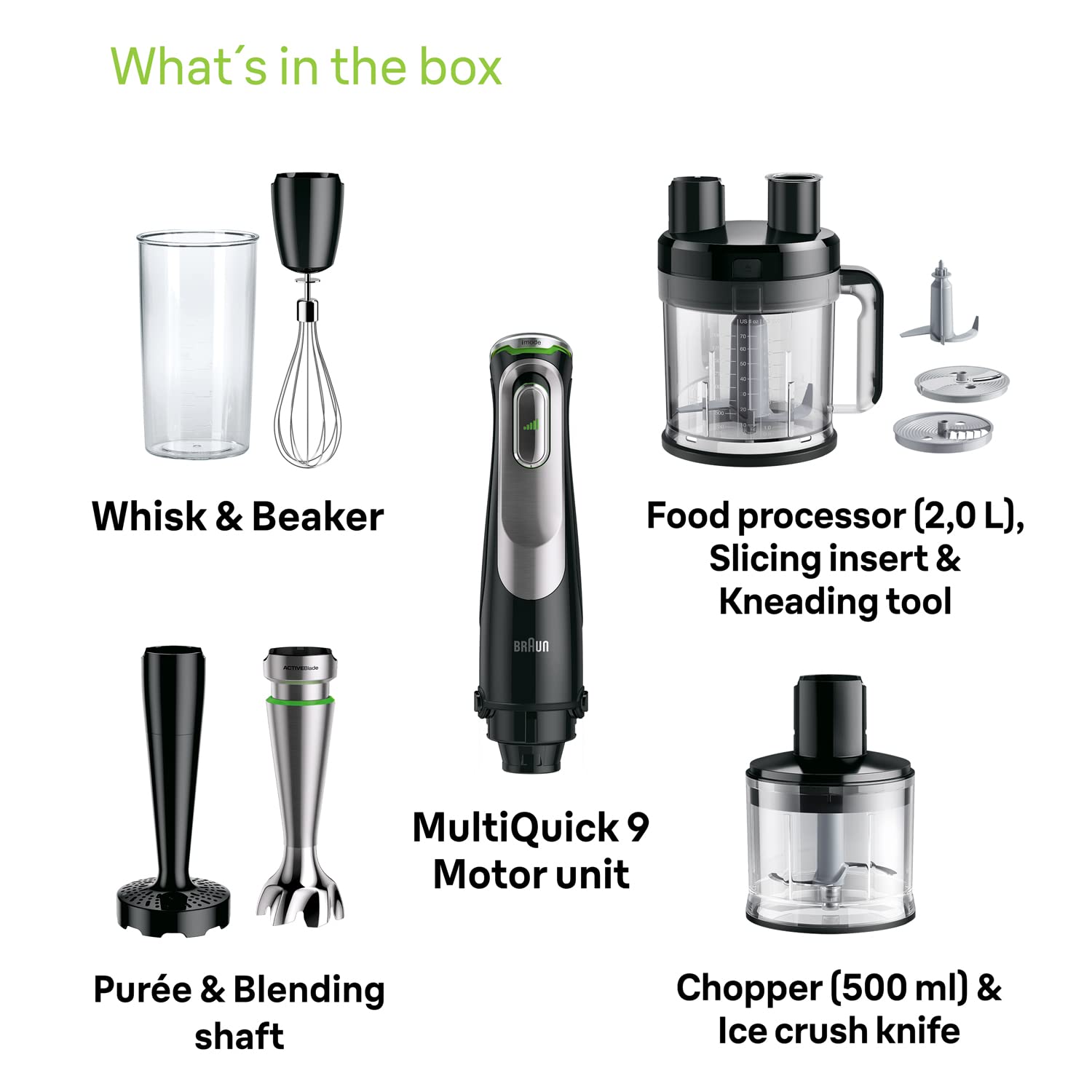 Braun MultiQuick 9 Hand Blender 1200W with Beaker, 2L Food Processor, Chopper, Puree Masher, Whisk