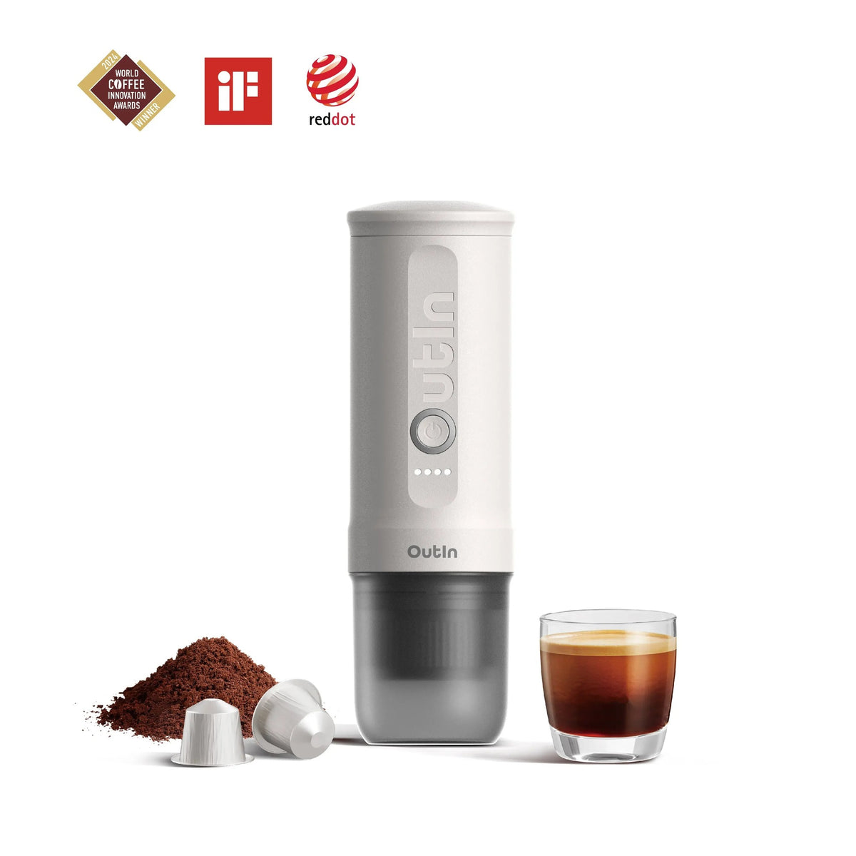 OutIn Nano Pearl White portable espresso machine with capsules, grounds and espresso
