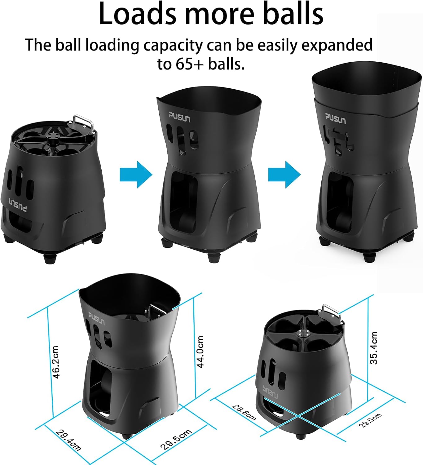 The image demonstrates a tennis ball holder with expandable capacity. Starting with a base capacity, additional components allow it to hold up to 65+ balls. It includes precise dimensions and a modular design for flexibility.