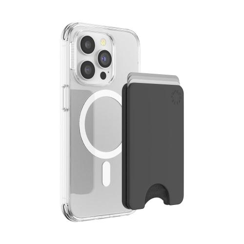 Clear smartphone case designed for MagSafe compatibility, with a black cardholder attachment shown separately. The cardholder features a minimalist design with a notch at the bottom for easy access to cards