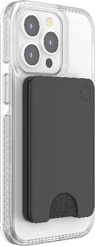  Clear smartphone case with a black cardholder attachment, securely holding cards and designed for MagSafe compatibility. The cardholder features a minimalist design with a notch at the bottom for easy access to cards