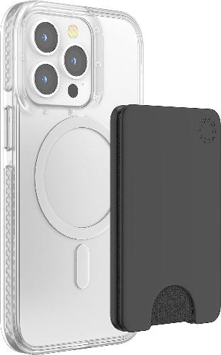 Clear smartphone case with a black cardholder attachment, shown separately but aligned for MagSafe compatibility. The cardholder features a minimalist design with a notch at the bottom for easy card access and the Popsockets logo embossed in the corne