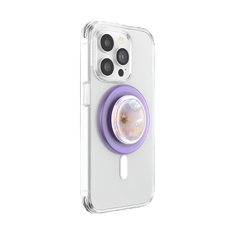 PopSockets Tidepool Dreamy Whirl PopGrip for MagSafe featuring a whimsical, glitter-filled design with floating elements, attached to a purple base. Ideal for adding a touch of magic and practicality to your MagSafe-compatible device.