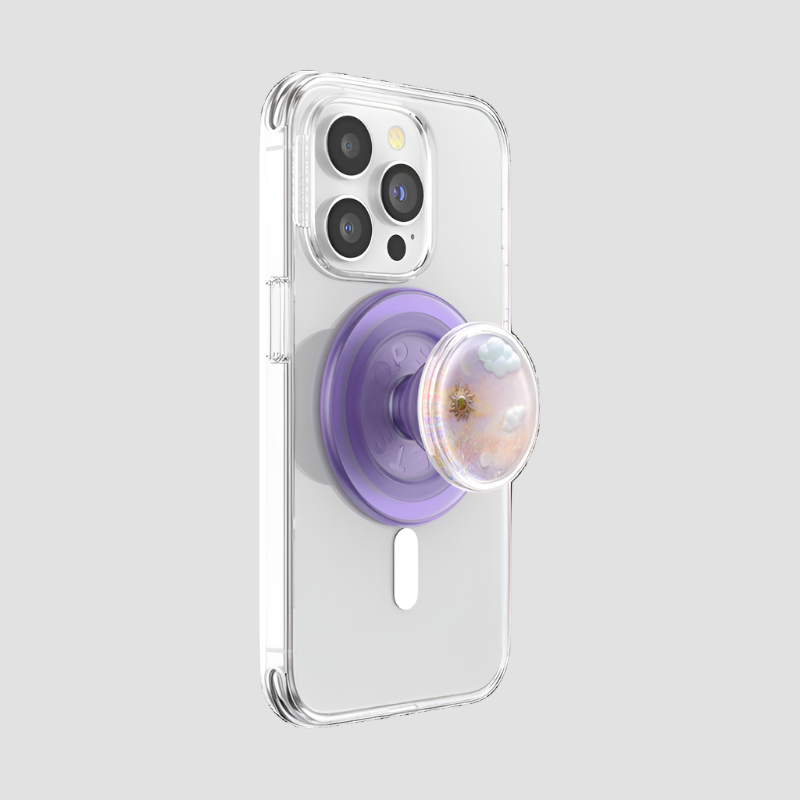 PopSockets Tidepool Dreamy Whirl PopGrip for MagSafe featuring a whimsical, glitter-filled design with floating elements, attached to a purple base. Ideal for adding a touch of magic and practicality to your MagSafe-compatible device.