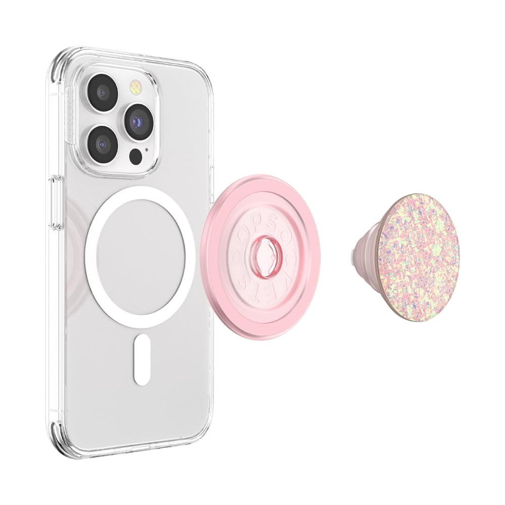 This image displays a clear MagSafe-compatible phone case alongside a pink PopSocket with a glittery, iridescent top. The PopSocket is shown in two parts: the magnetic base designed for attachment to MagSafe-compatible devices and the detachable, expandable grip. This combination provides a functional and stylish phone accessory that can be easily attached or removed, ensuring a secure grip and a chic, sparkling appearance.