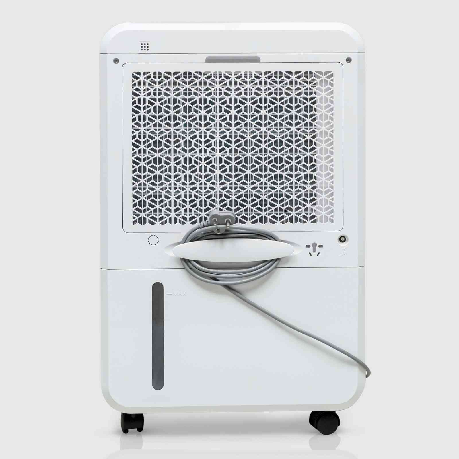 Rear view of the White Westinghouse Dehumidifier WDE702, showcasing the air vent, power cord neatly wrapped, and water level indicator. The sleek white design includes casters for easy mobility, making it suitable for maintaining optimal humidity levels in residential and commercial spaces.