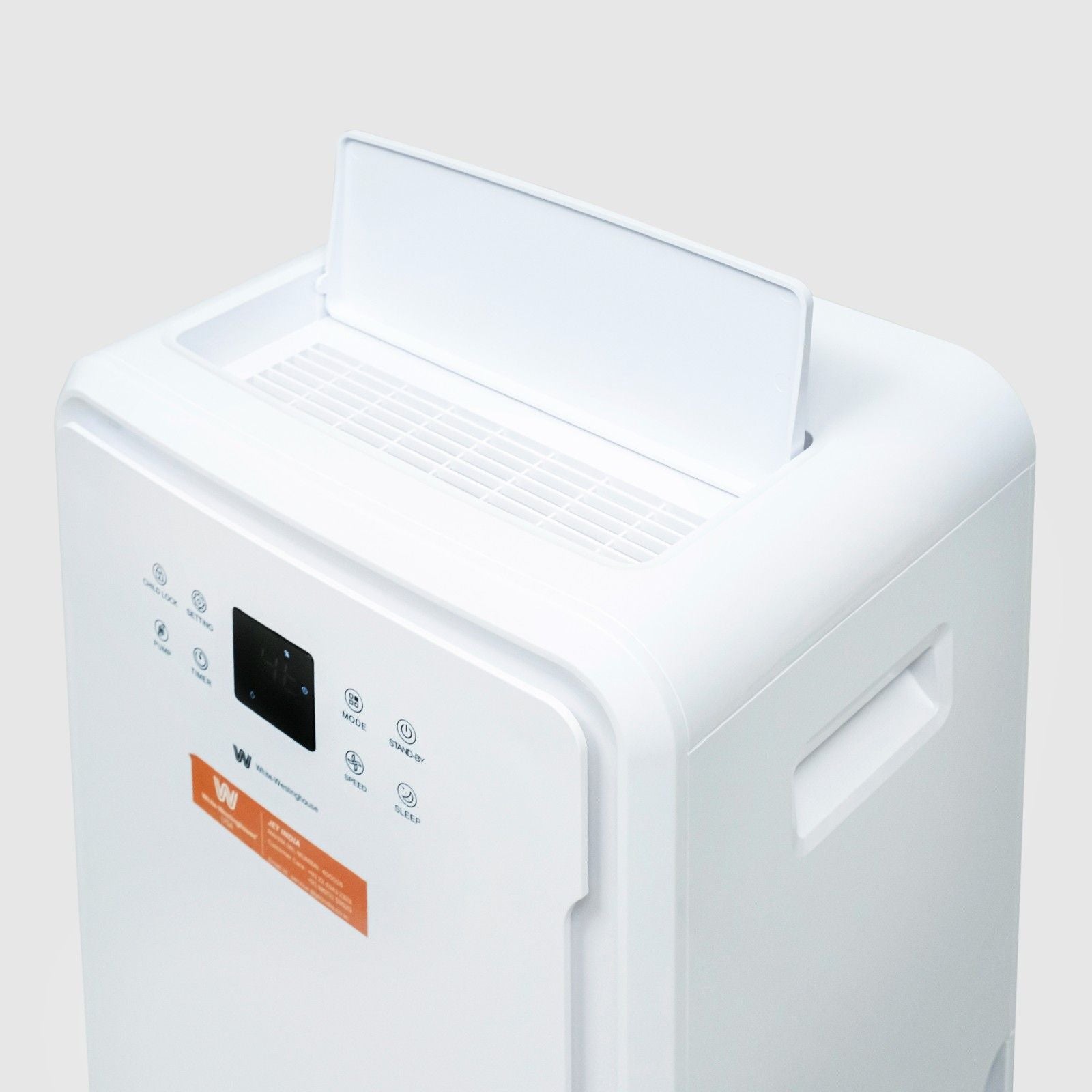 Top angled view of the White Westinghouse Dehumidifier WDE702, showcasing the digital control panel, air vent, and built-in handle for easy mobility. The sleek white design is suitable for maintaining optimal humidity levels in residential and commercial spaces.