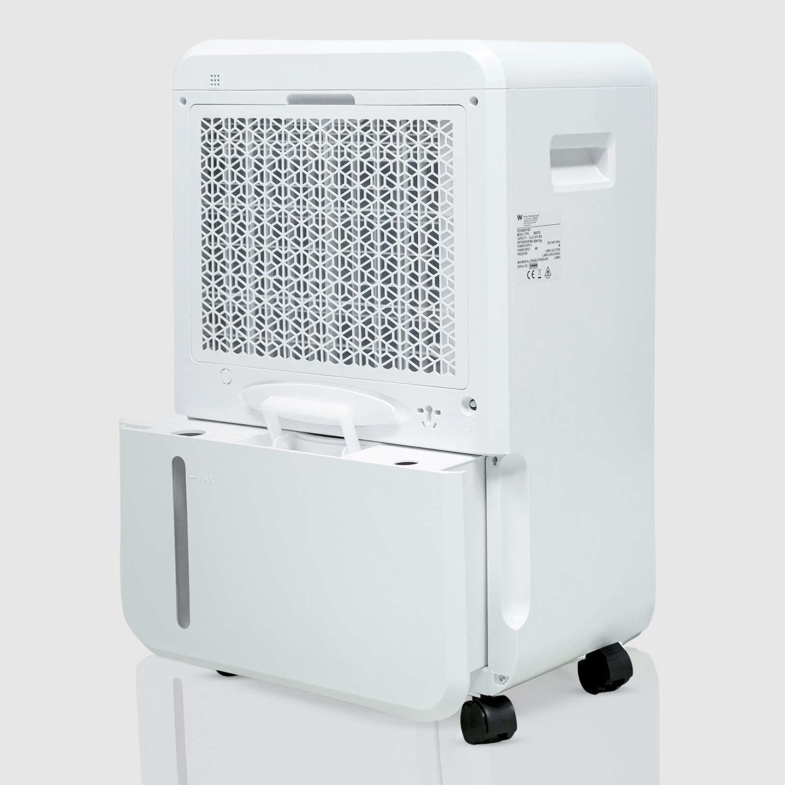 Rear angled view of the White Westinghouse Dehumidifier WDE702 with the water tank partially removed, showcasing the back air vent, built-in handle, and casters for easy mobility. The sleek white design is suitable for maintaining optimal humidity levels in residential and commercial spaces.