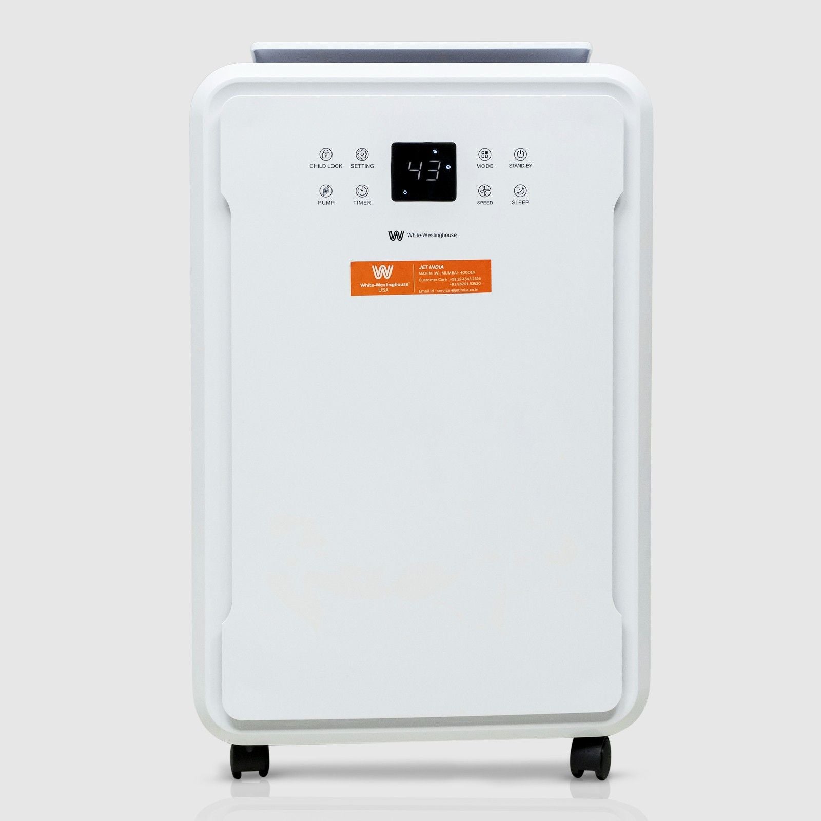 Front view of the White Westinghouse Dehumidifier WDE702, showcasing the digital control panel, air vent, and sleek white design. The unit features casters for easy mobility, making it suitable for maintaining optimal humidity levels in residential and commercial spaces.