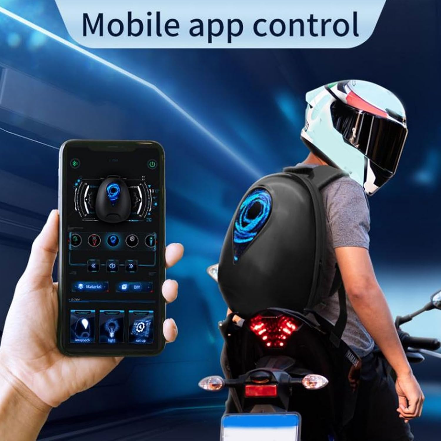 The app interface on the phone shows various settings for the LED light on the backpack. The scene emphasizes the backpack's technology integration, allowing customization and control through a smartphone.