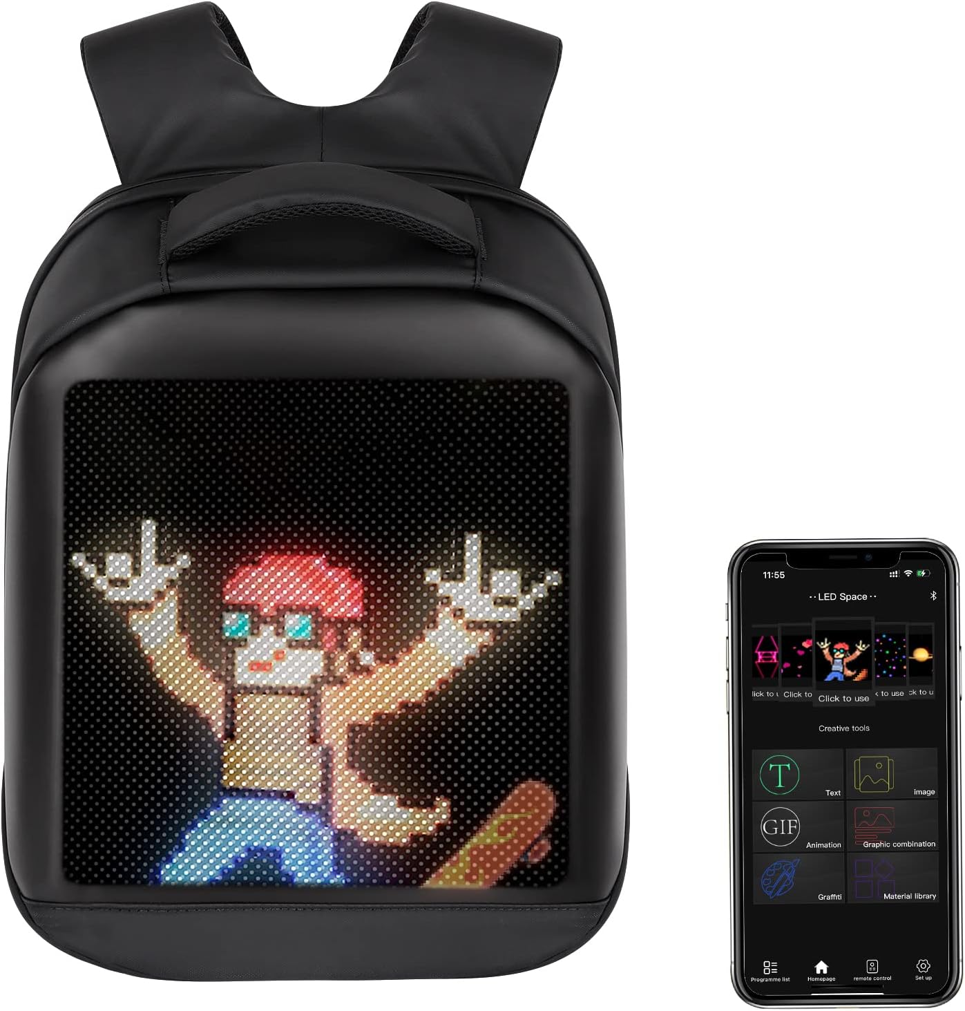 Black LED backpack featuring a pixelated character graphic on the front display, depicting a person with red hair and a jacket, raising their hands. Next to the backpack is a smartphone showing an app interface used to control the LED display, allowing customization of the graphics and text on the backpack