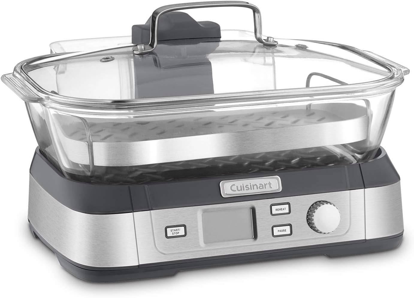 Cuisinart STM-1000 glass steamer, angled view showing the clear 5L glass pot and lid on a brushed stainless steel base