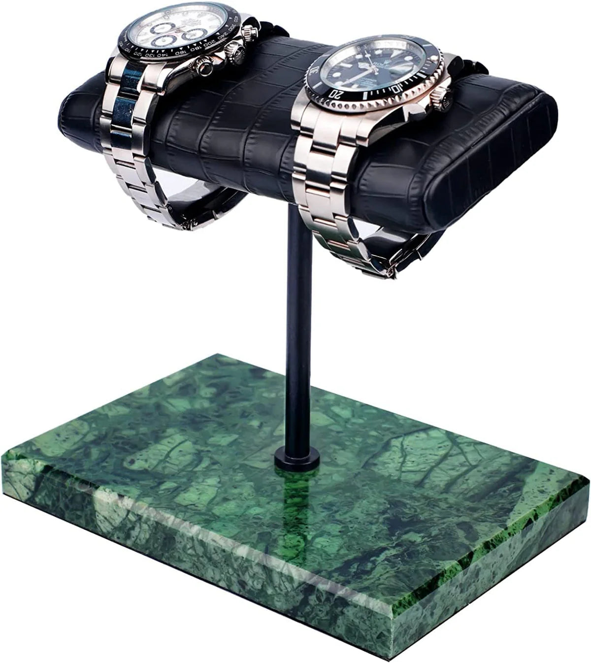 Double luxury watch stand with a black leather cushion and a green marble base, perfect for showcasing high-end timepieces.