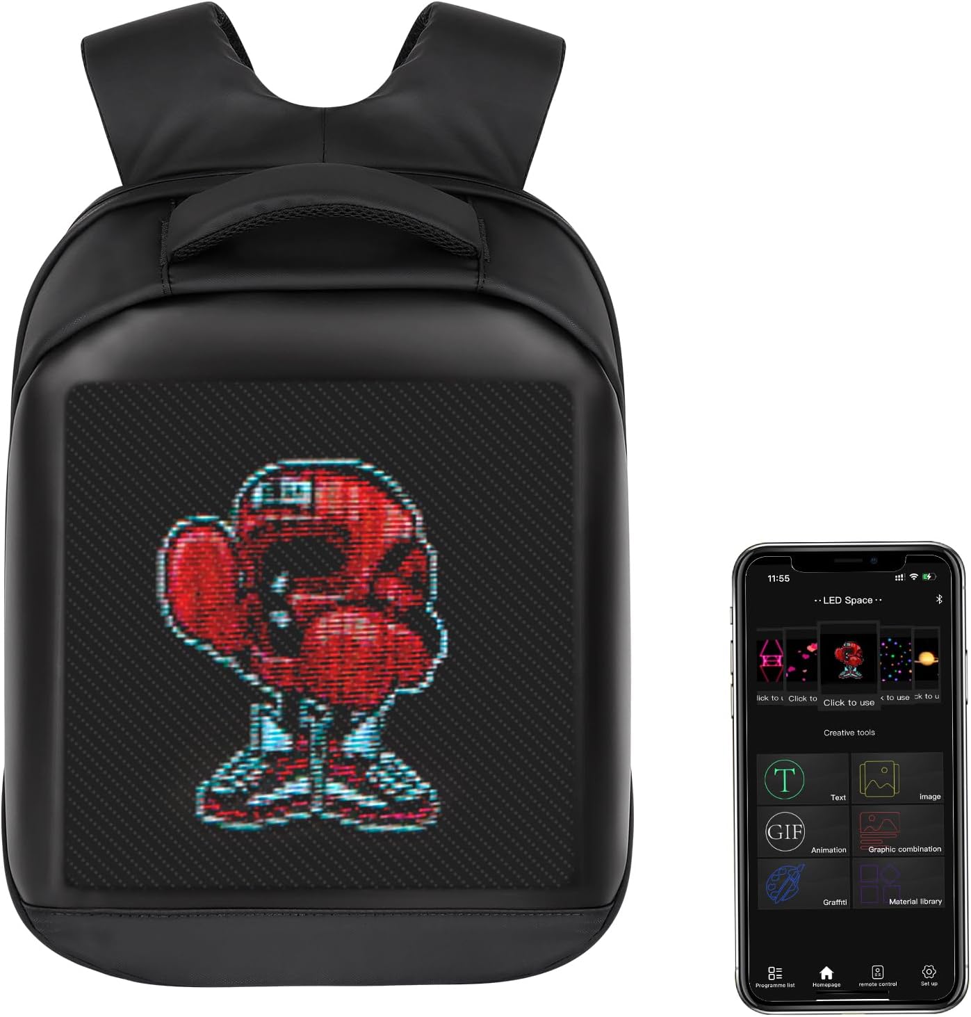 Black LED backpack featuring a pixelated boxing glove graphic on the front display. Next to the backpack is a smartphone showing an app interface used to control the LED display, allowing customization of the graphics and text on the backpack