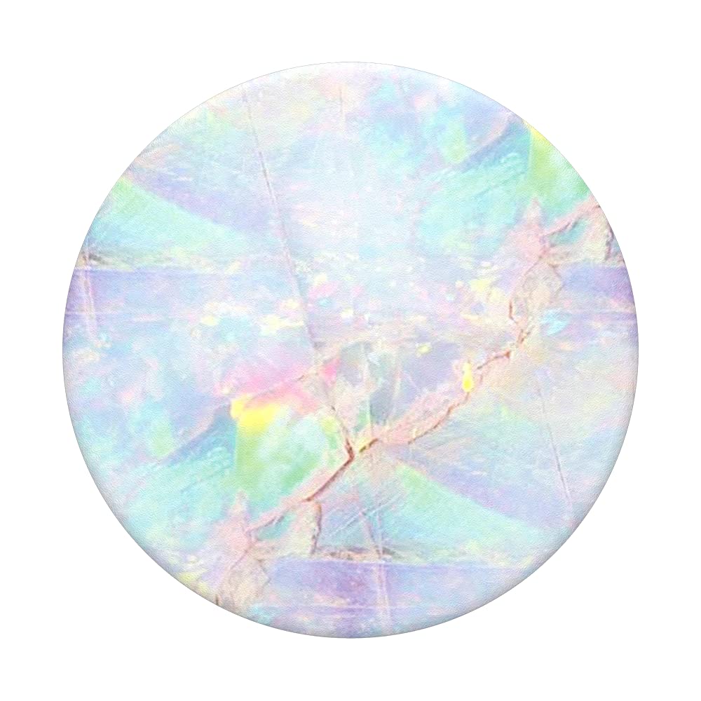 A PopSockets Phone Grip with Expanding Kickstand in the Opal design. The top of the grip features a delicate, iridescent pattern with a mix of pastel colors, including shades of pink, blue, green, and yellow, resembling the appearance of an opal gemstone. The soft, shimmering effect creates a unique and visually appealing look.