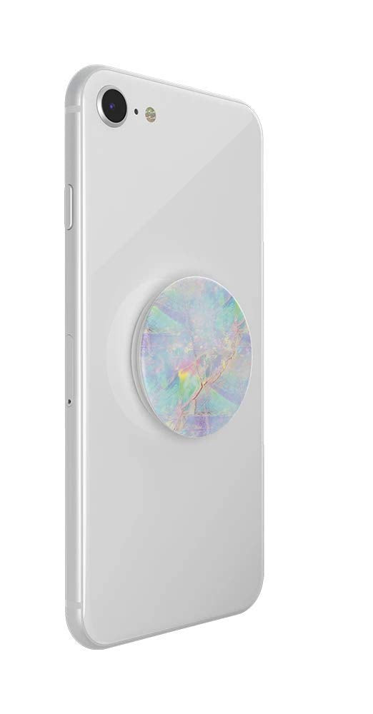 A white smartphone with a PopSockets Phone Grip with Expanding Kickstand in the Opal design attached to the back, shown in a collapsed state. The grip features an iridescent pattern with pastel colors such as pink, blue, green, and yellow, giving it a gemstone-like appearance. The white grip base blends seamlessly with the white phone, adding a touch of elegance and functionality.