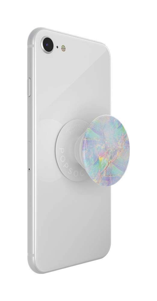 A white smartphone with a PopSockets Phone Grip with Expanding Kickstand in the Opal design attached to the back, shown in an extended state. The grip features an iridescent pattern with pastel colors such as pink, blue, green, and yellow, giving it a gemstone-like appearance. The white grip base blends seamlessly with the white phone, providing a touch of elegance and functionality.