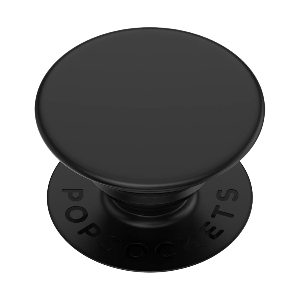 A black PopSockets Phone Grip with Expanding Kickstand. The grip features a smooth, circular top and a round base with "PopSockets" embossed on it. The sleek and minimalist design provides a functional and stylish accessory for holding and supporting a smartphone. The expanding kickstand allows for hands-free use, making it a versatile addition to the phone