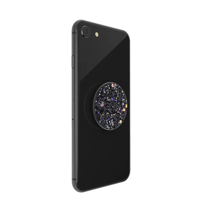  Black smartphone with a PopSockets Sparkle Black PopGrip attached to the back. The PopGrip features a top covered in black glitter with multicolored reflective sparkles. The phone is shown from the back at a slight angle, highlighting the PopGrip in its collapsed position.