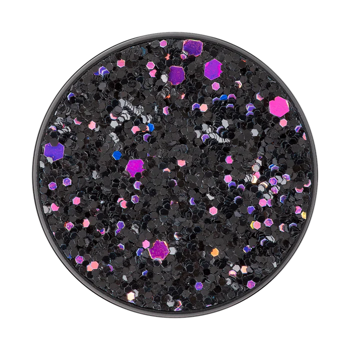 Close-up view of a PopSockets Sparkle Black PopGrip featuring a top covered in black glitter with multicolored reflective sparkles. The sparkles include various colors such as purple, pink, blue, and silver, creating a vibrant and eye-catching appearance.