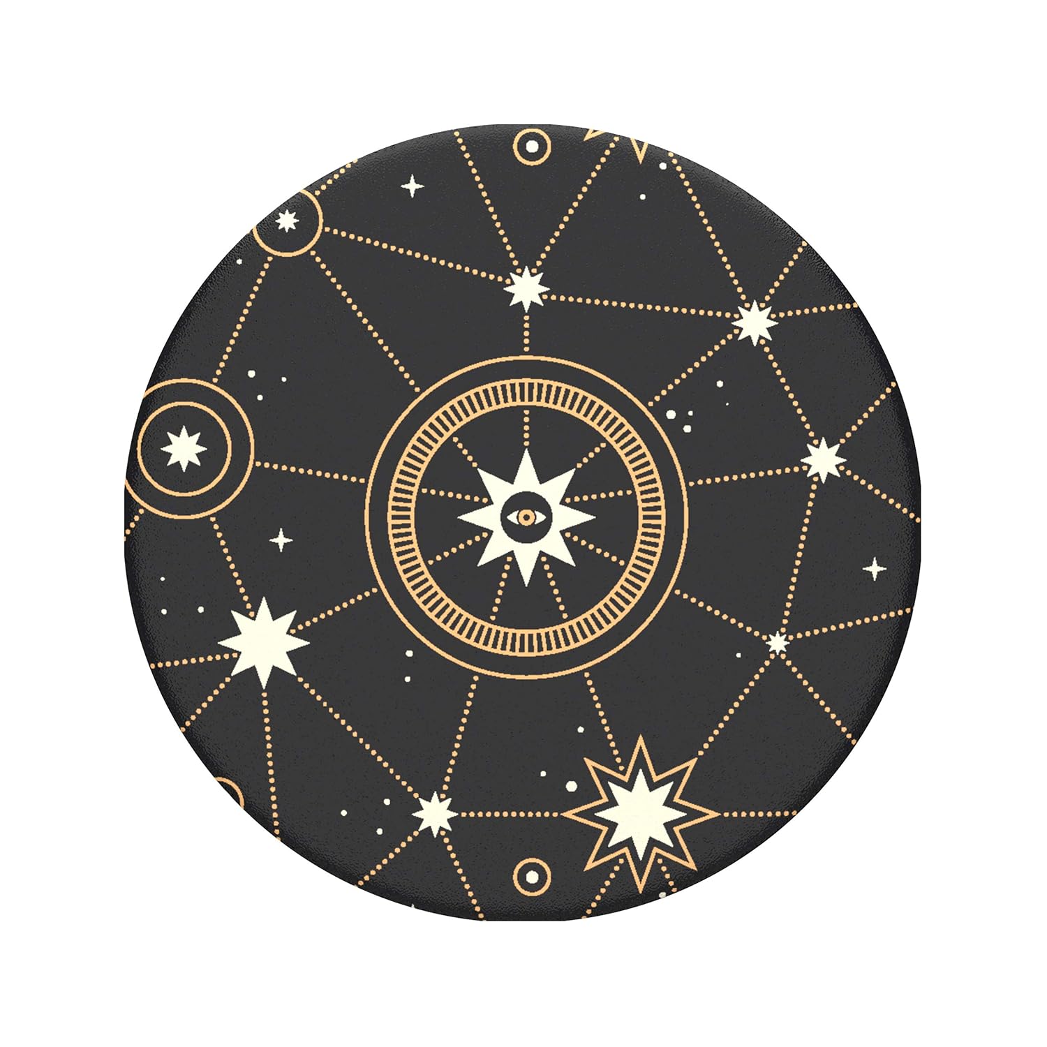 A close-up view of a PopSockets phone grip featuring a star chart design with constellations and celestial symbols in white and gold on a black background. The grip is shown in its flat, collapsed form.