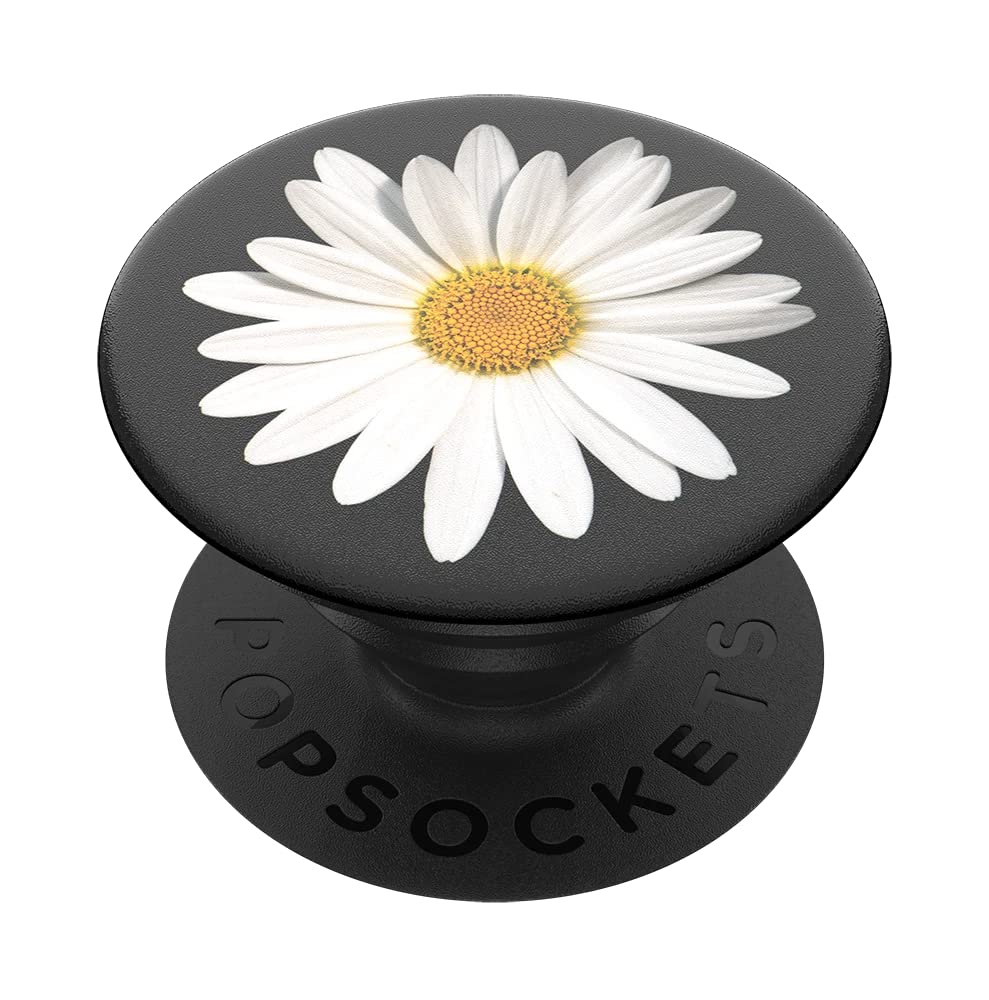  A black PopSockets phone grip featuring an expanding kickstand. The top surface is adorned with a detailed image of a white daisy with a yellow center, contrasting beautifully against the black background. The base of the grip has "POPSOCKETS" embossed in black.