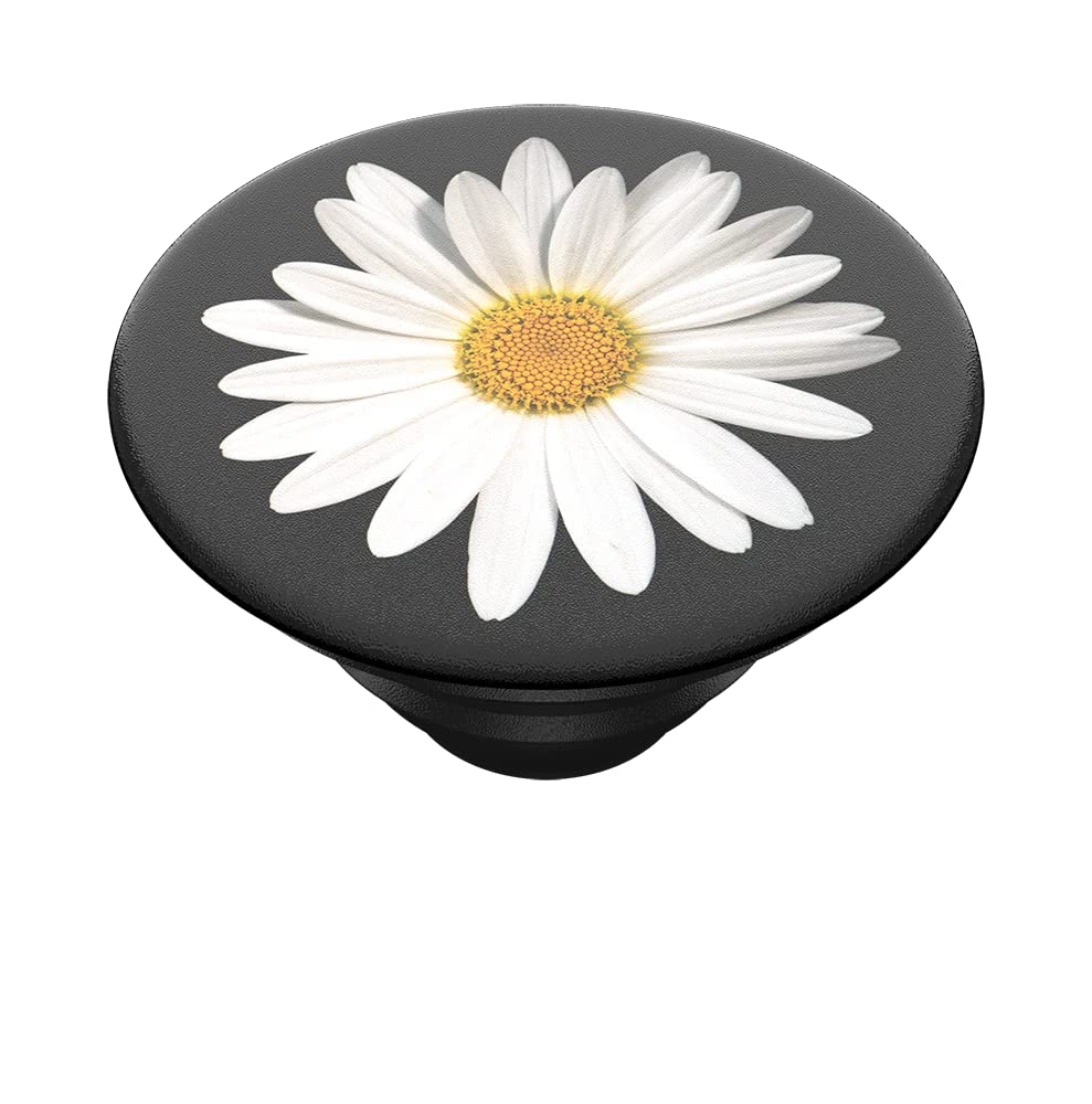 A close-up view of a PopSockets phone grip featuring a detailed white daisy with a yellow center on a black background. The grip is in its expanded form, providing a better hold and stand functionality for smartphones.