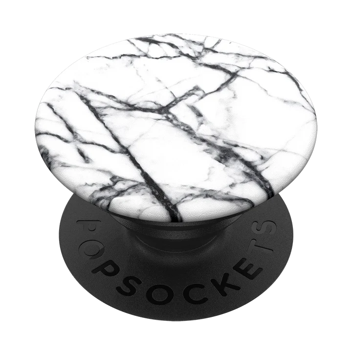 A PopSockets PopGrip with a Dove White Marble design, featuring a black and white marble pattern, attached to a black base with the PopSockets logo. The grip is shown in its expanded state, ready to be used for better grip and stand functionality.