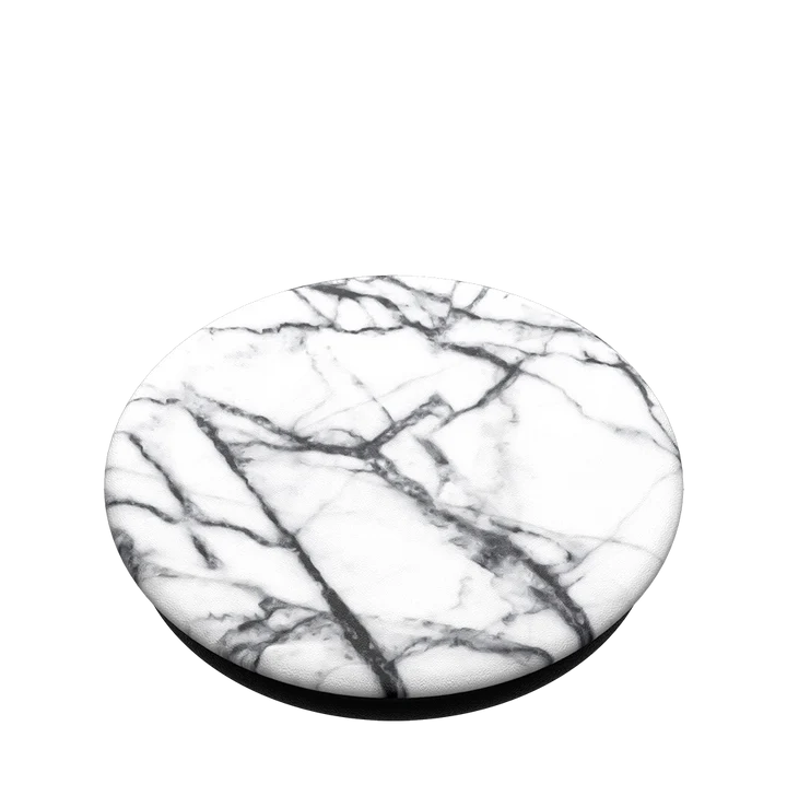 Top-down view of the PopSockets PopGrip with a Dove White Marble design, featuring a black and white marble pattern on the top. The grip is shown in a flattened position.