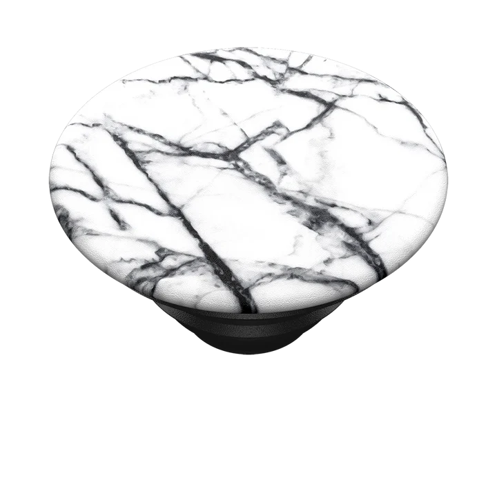  Side view of the PopSockets PopGrip with a Dove White Marble design, featuring a black and white marble pattern on the top. The grip is shown in an expanded position.