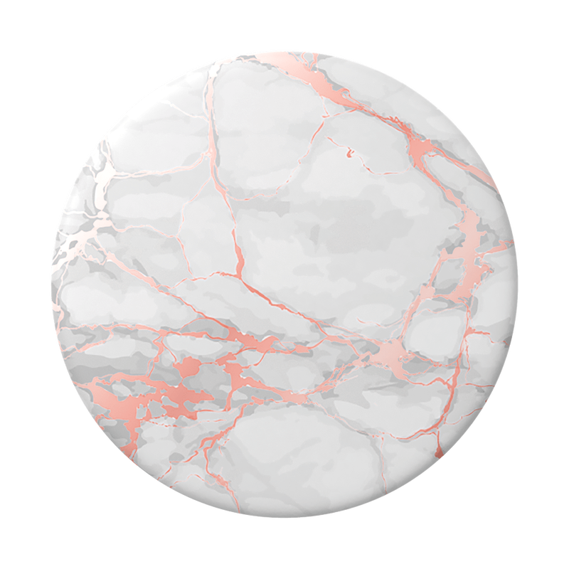 A PopSockets PopGrip with a Rose Gold Lutz Marble design, featuring a white and light grey marble pattern with rose gold veining.