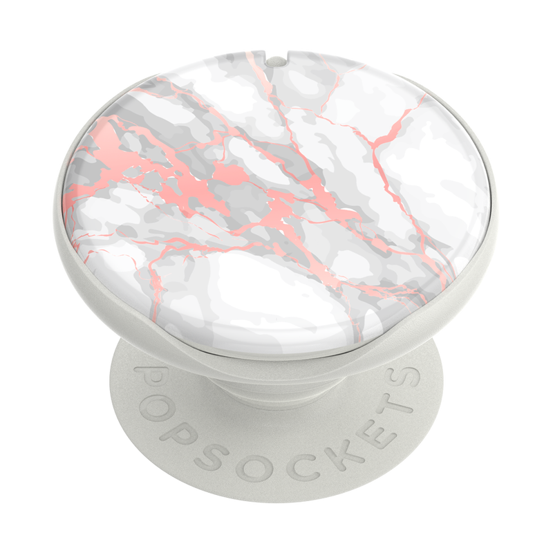  A PopSockets PopGrip with a Rose Gold Lutz Marble design, featuring a white and light grey marble pattern with rose gold veining. The grip has a light grey base with "PopSockets" embossed on it.