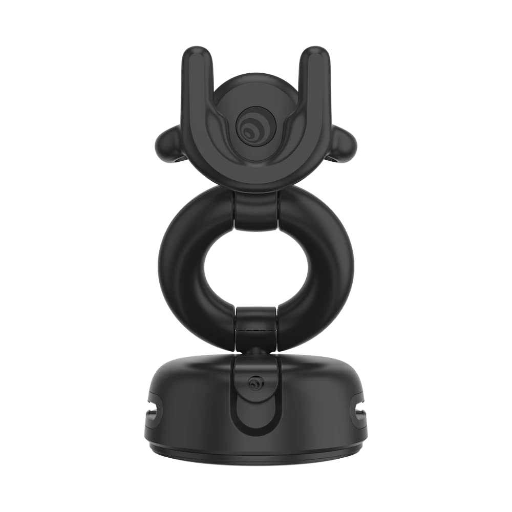 Rear view of a black PopSockets Multi-Use G1 Dash Mount designed for various surfaces. The mount features a compact, cylindrical base with a flexible, spiral-shaped arm, and a cradle at the top to securely hold a device. The design is sleek and functional, providing a stable and adjustable setup for holding smartphones or other devices.