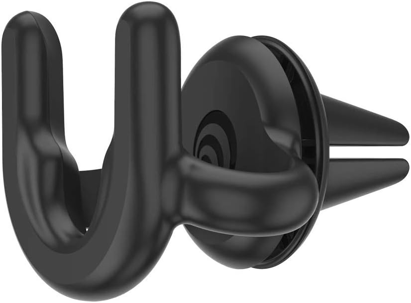 A black PopSockets G4 Vent Mount designed to attach to a car's air vent. The mount features a cradle with two prongs to securely hold a device and a circular base with the PopSockets logo. The back of the mount has two vent clips that allow it to attach securely to the car's air vent. The sleek and functional design provides a stable and adjustable solution for hands-free use of smartphones while driving.