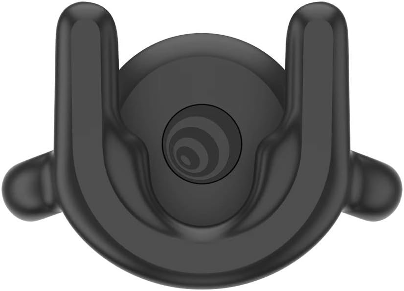 Top view of a black PopSockets G4 Vent Mount. The mount features a cradle with two prongs designed to securely hold a device, and a circular base with the PopSockets logo. The sleek and compact design provides a stable and adjustable solution for hands-free use of smartphones while driving, with vent clips at the back for attachment to a car's air vent.