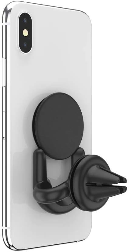  A white smartphone mounted on a black PopSockets G4 Vent Mount, shown from the back. The mount securely attaches to the phone with its cradle and circular base, and it has vent clips at the back for attachment to a car's air vent. The sleek design of the mount ensures a stable and low-profile setup, providing a convenient solution for hands-free use of the phone while driving.