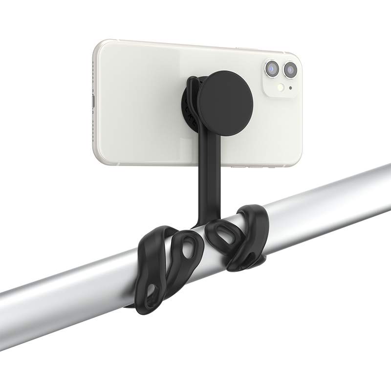 A white smartphone mounted on a PopSockets Flex Mount in black, which is attached to a horizontal metal bar. The Flex Mount has flexible legs wrapped around the bar, providing a stable and secure hold. The phone is positioned horizontally, offering a versatile and convenient hands-free setup. The sleek black color of the mount contrasts with the white phone and silver bar, highlighting the functional and stylish design.