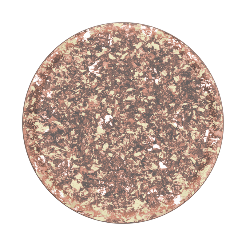 Top view of a PopSockets Phone Grip with Expanding Kickstand in the Glitter Foil Confetti Rose Gold design. The circular top features a glittery, rose gold confetti pattern, creating a sparkling and eye-catching appearance. The design offers a stylish and functional accessory for holding and supporting a smartphone.