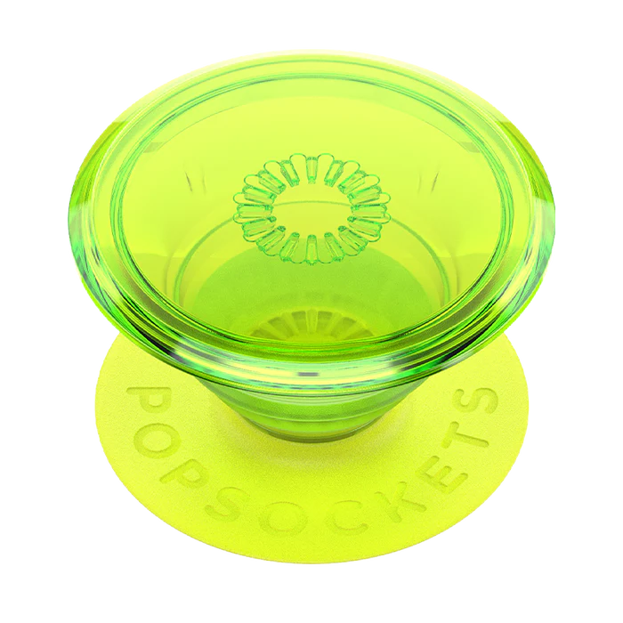 A PopSockets PopGrip in the Neon Glow design, featuring a bright, translucent neon green top and a matching neon green base. The base has "PopSockets" embossed on it. The vibrant and eye-catching color gives it a striking appearance.