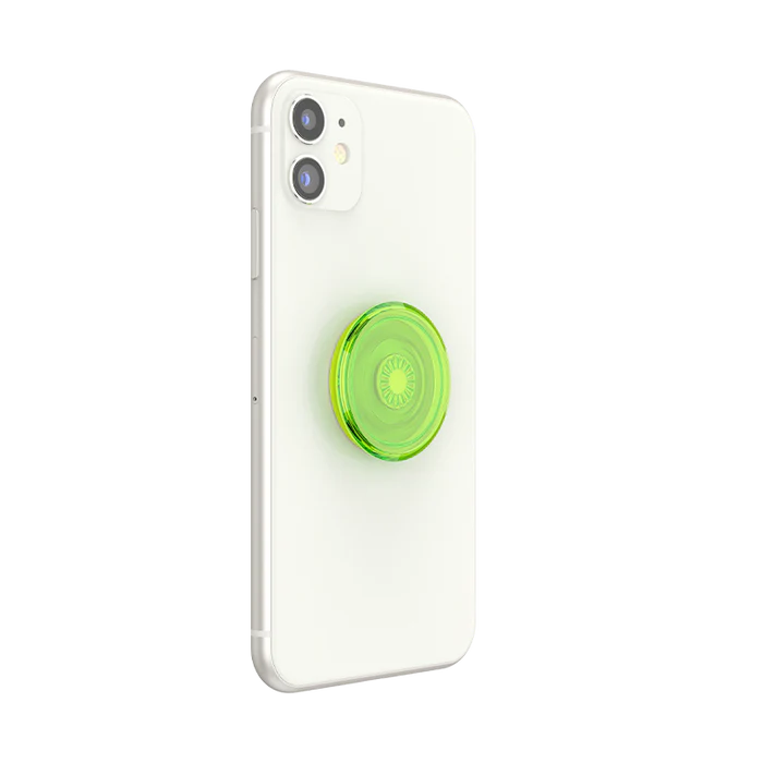 A white smartphone with a PopSockets PopGrip in the Neon Glow design attached to the back, shown in a collapsed state. The PopGrip features a bright, translucent neon green top and base. The vibrant color contrasts sharply with the white background of the phone, highlighting the PopGrip as a functional and stylish accessory