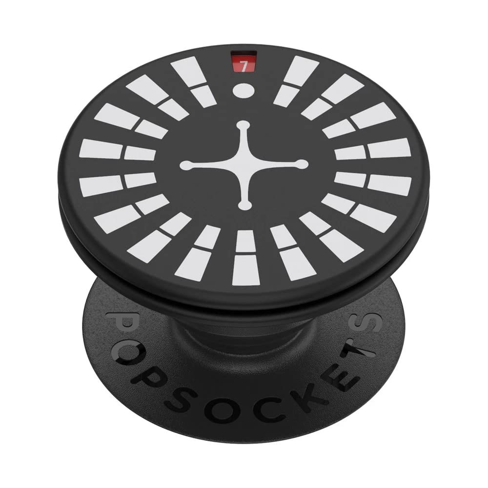  PopSockets Backspin Roulette grip, featuring a circular top with a black background and white segments arranged like a roulette wheel. There is a red segment marked with the number "7" near the edge. The center of the design has a white cross-like shape. The base of the grip is black and has the "PopSockets" logo inscribed on it. The grip is collapsible for easy handling and attachment to the back of a phone.