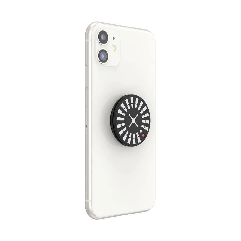  A white smartphone with a PopSockets Backspin Roulette grip attached to the back. The grip features a black circular top with white segments arranged like a roulette wheel, including a red segment marked with the number "7". The center of the design has a white cross-like shape. The phone is shown at an angle, highlighting the grip in its expanded form.