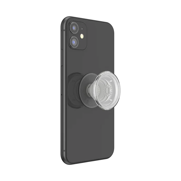  A black smartphone with a clear PopSockets PopGrip attached to the back, shown in its extended state. The grip features a transparent, circular top with a central radial pattern, allowing the phone's design to remain visible. The clear PopGrip provides a functional and stylish accessory for holding and supporting the smartphone.